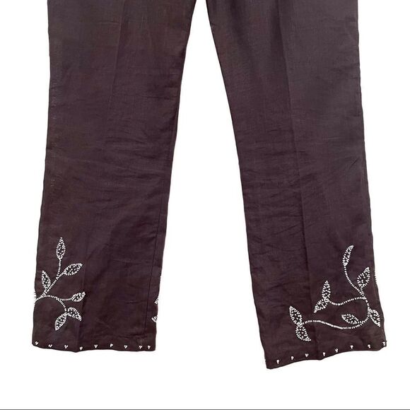 French Connection Beaded Ramie Straight Leg Pants Brown Size 4 - Picture 7 of 8